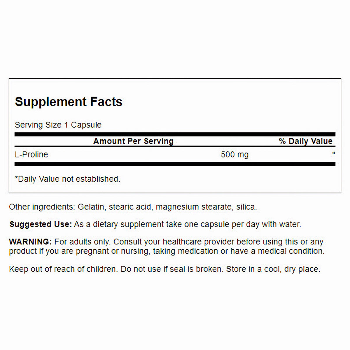 Swanson Suplemento de L-Prolina 500 mg por cápsula, 100 cápsulas para 3 meses