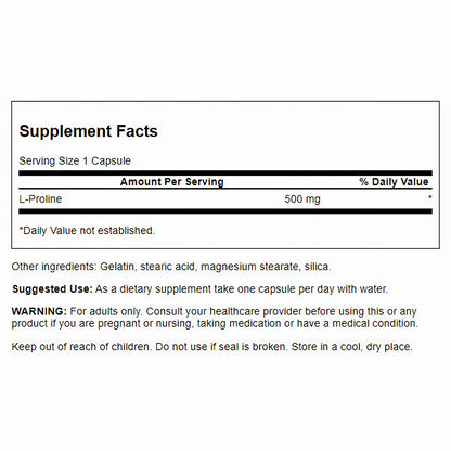 Swanson Suplemento de L-Prolina 500 mg por cápsula, 100 cápsulas para 3 meses