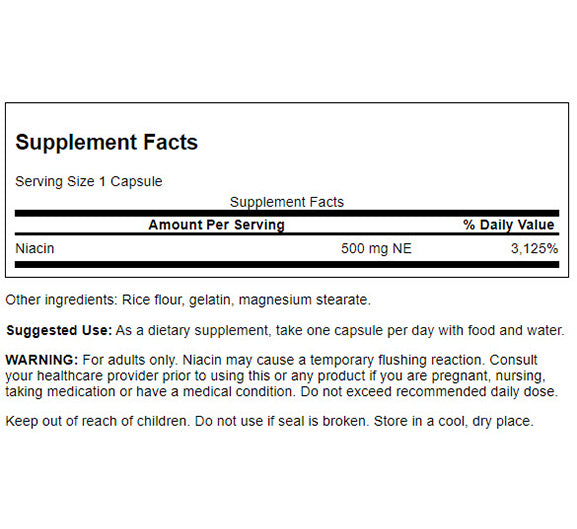 Swanson Suplemento de Niacina (vitamina B-3), 500 mg por cápsula, 250 cápsulas para 8 meses