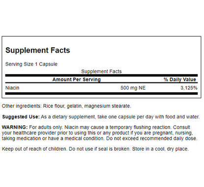 Swanson Suplemento de Niacina (vitamina B-3), 500 mg por cápsula, 250 cápsulas para 8 meses