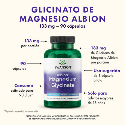 Swanson Suplemento Magnesio Glicinato Quelado Albión 133 mg, 90 cápsulas