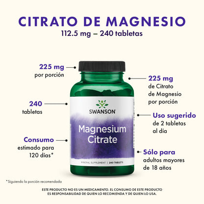 Swanson Suplemento Citrato de Magnesio, 112.5 Mg por tableta, 240 Tabletas para 4 meses