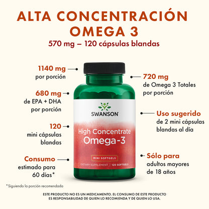 Swanson Suplemento de Omega 3 Alta Concentración 570mg, 120 Cápsulas