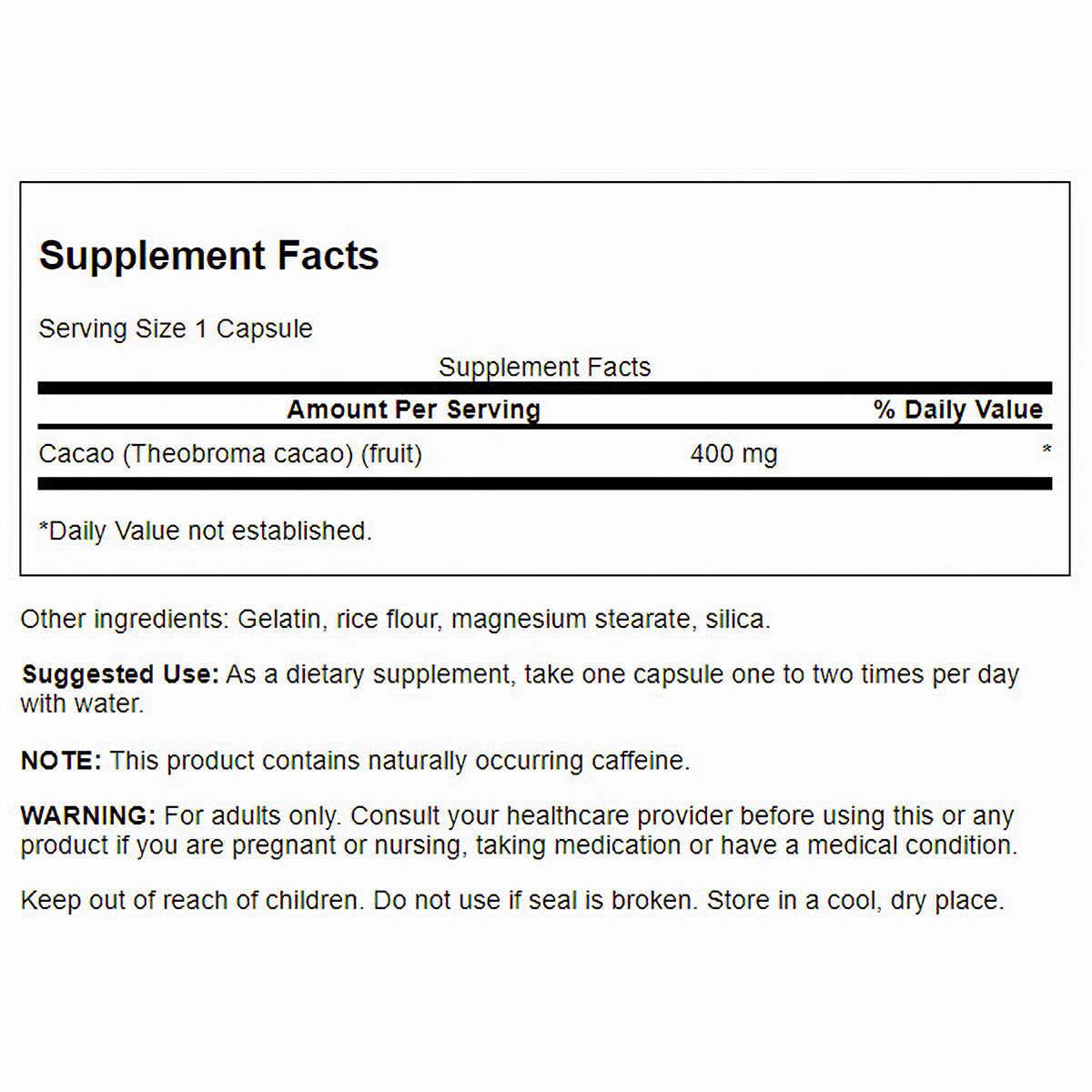 Swanson Suplemento de Cacao de espectro completo (Cacao natural), 400 mg por cápsula, 60 cápsulas