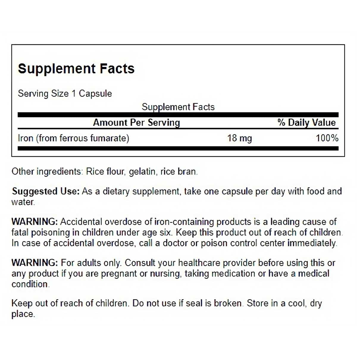 Swanson Suplemento de Hierro (fumarato ferroso), 18 Mg por cápsula, 60 cápsulas para 2 meses
