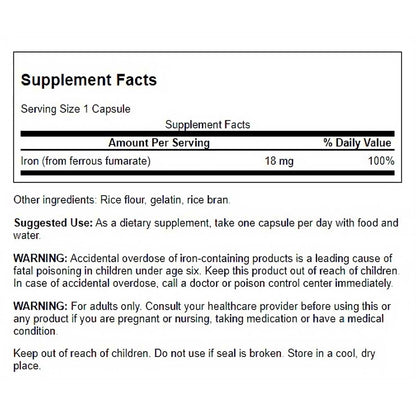 Swanson Suplemento de Hierro (fumarato ferroso), 18 Mg por cápsula, 60 cápsulas para 2 meses