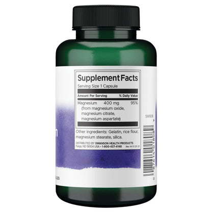 Swanson Suplemento Complejo triple de magnesio, 400 mg por cápsula, 100 Cápsulas para 3 meses
