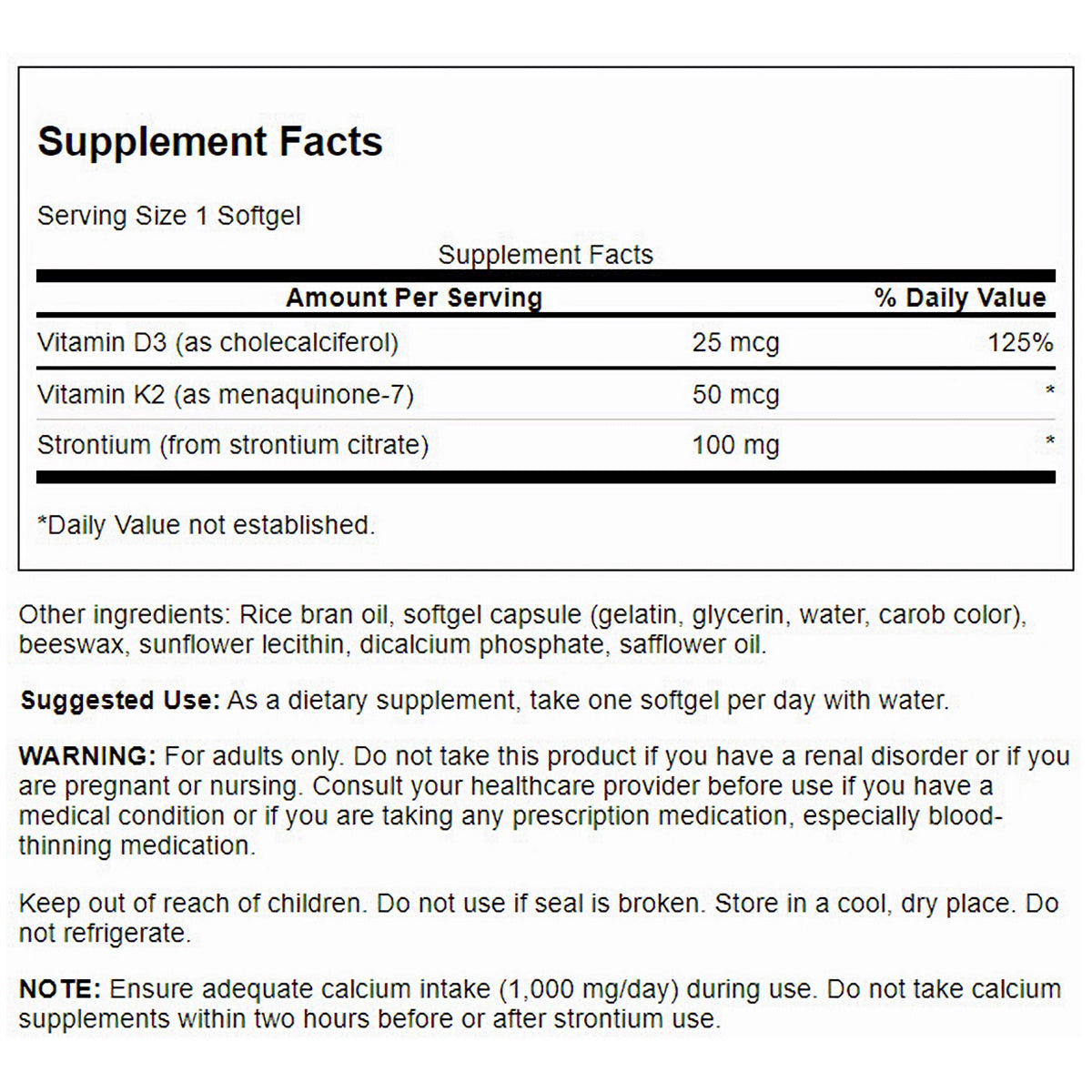 Swanson Vitaminas D3 + K2 con Estroncio, 60 cápsulas para 2 meses