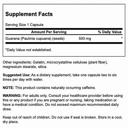 Swanson Suplemento de Guaraná, 500 mg por cápsula, 100 cápsulas para 3 meses