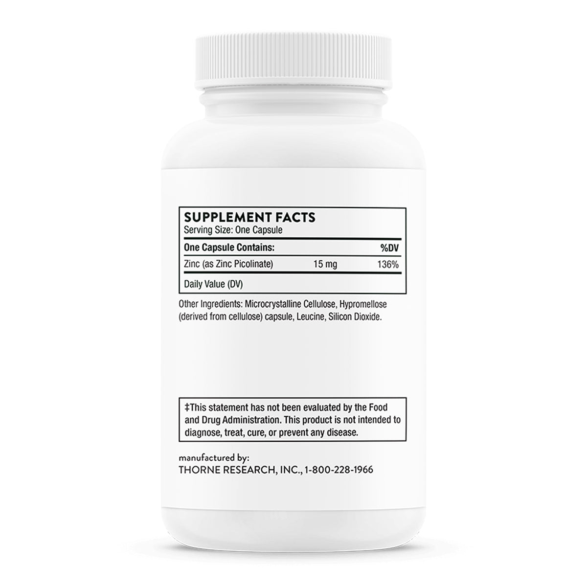 Thorne Suplemento Picolinato de Zinc, 15 mg por cápsula, 60 cápsulas para 2 meses