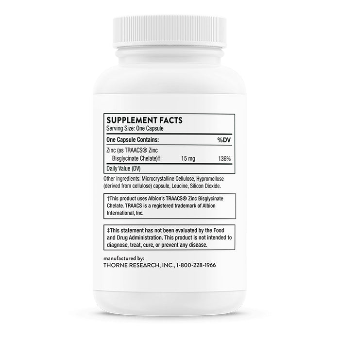 Thorne Suplemento de Bisglicinato de zinc, 15 mg por cápsula, 60 cápsulas para 2 meses
