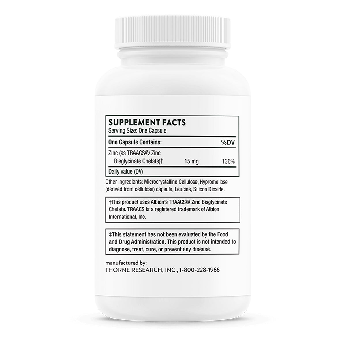 Thorne Suplemento de Bisglicinato de zinc, 15 mg por cápsula, 60 cápsulas para 2 meses