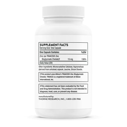 Thorne Suplemento de Bisglicinato de zinc, 15 mg por cápsula, 60 cápsulas para 2 meses