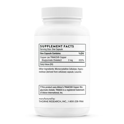 Thorne Suplemento de Bisglicinato de cobre, 2 mg por cápsula, 60 cápsulas para 2 meses