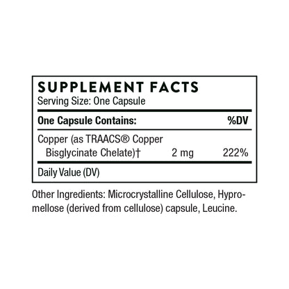 Thorne Suplemento de Bisglicinato de cobre, 2 mg por cápsula, 60 cápsulas para 2 meses