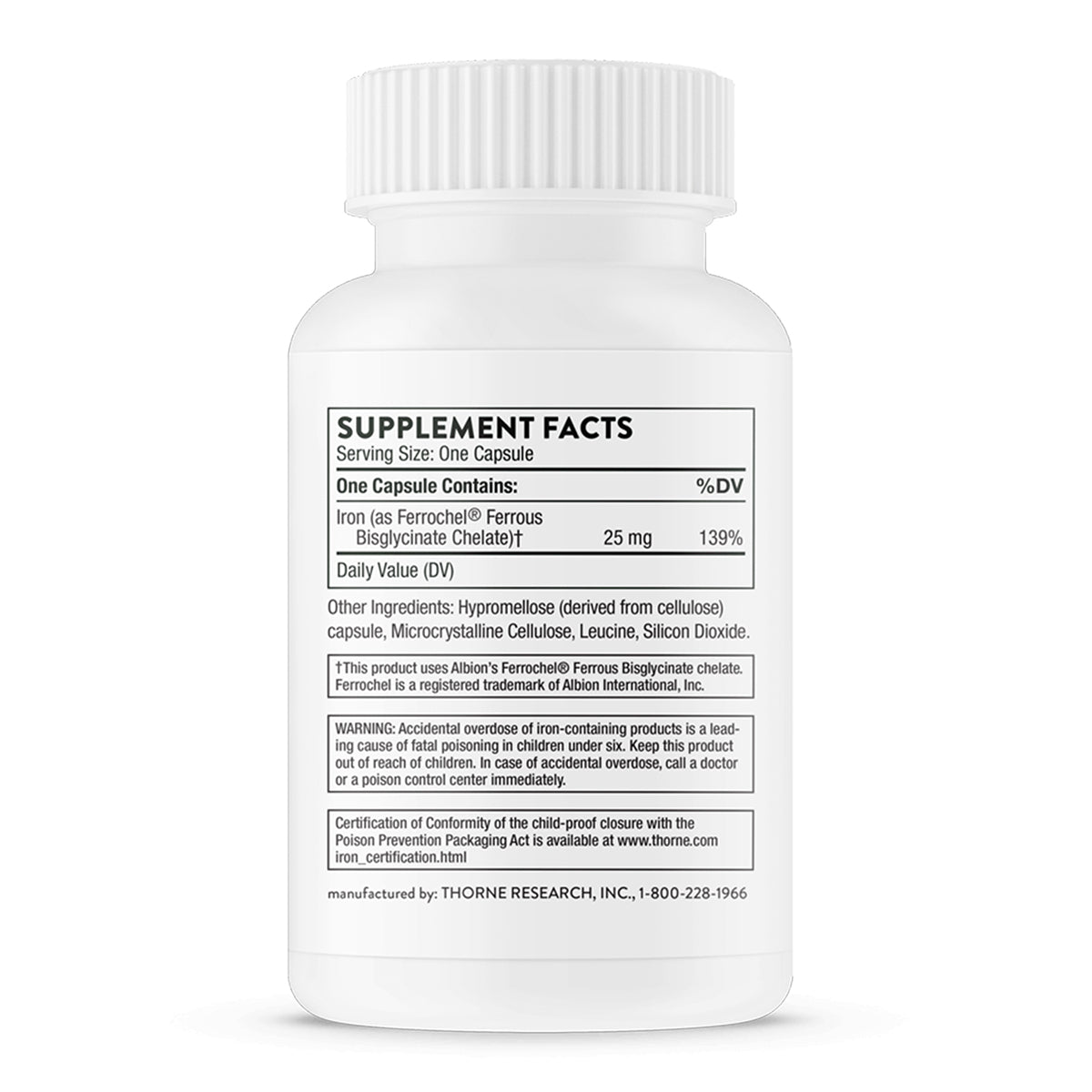 Thorne Suplemento de Bisglicinato de hierro, 25 mg por cápsula, 60 cápsulas