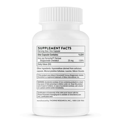 Thorne Suplemento de Bisglicinato de hierro, 25 mg por cápsula, 60 cápsulas