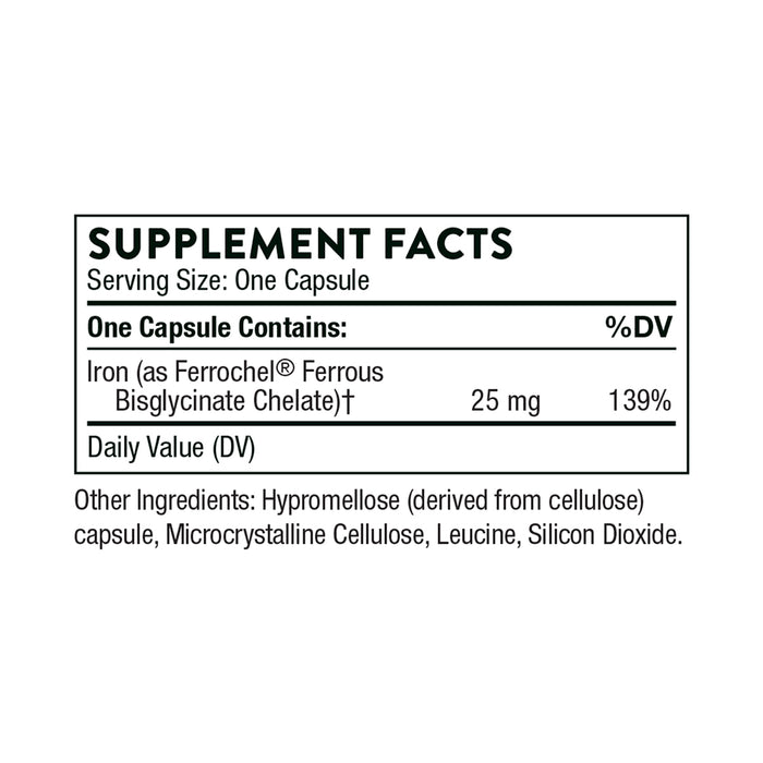 Thorne Suplemento de Bisglicinato de hierro, 25 mg por cápsula, 60 cápsulas