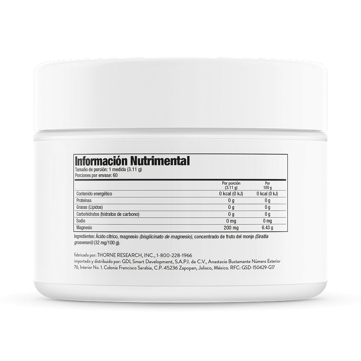 Thorne Suplemento Bisglicinato de magnesio, 200 mg de magnesio, 6.6 oz para 60 porciones