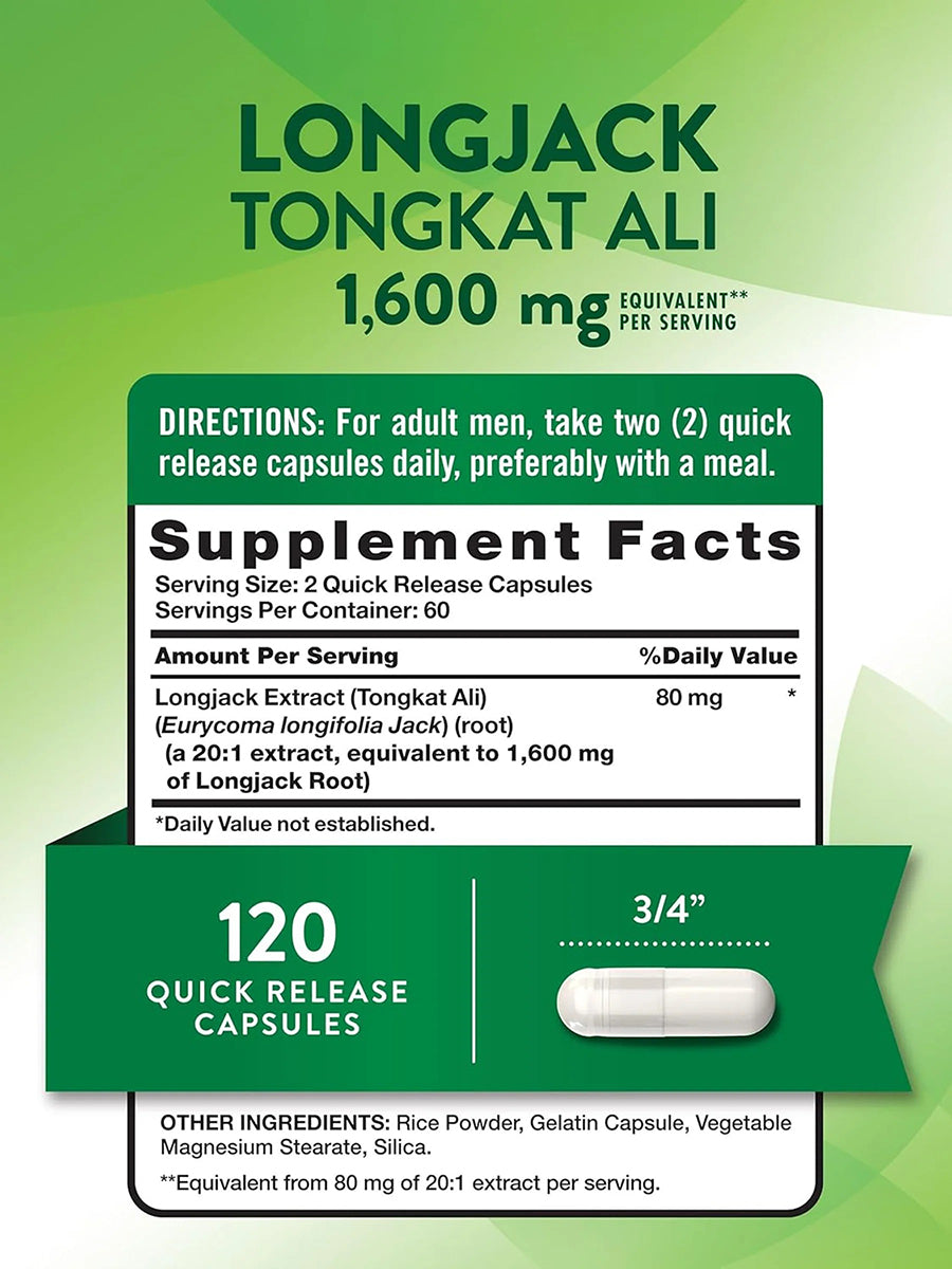 Nature's Truth Suplemento Longjack Tongkat Ali 1600 mg, 120 cápsulas para 2 meses