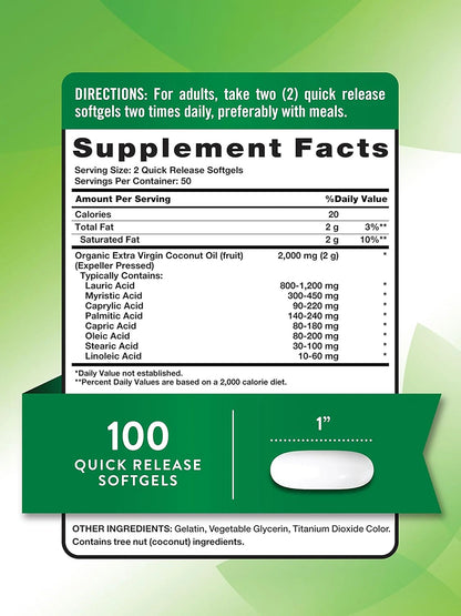 Nature's Truth Suplemento de Aceite de Coco Virgen Extra 2000 mg, 100 cápsulas para 1 mes