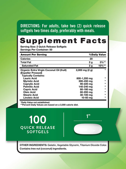 Nature's Truth Suplemento de Aceite de Coco Extra-Virgen 2000 mg, 100 cápsulas