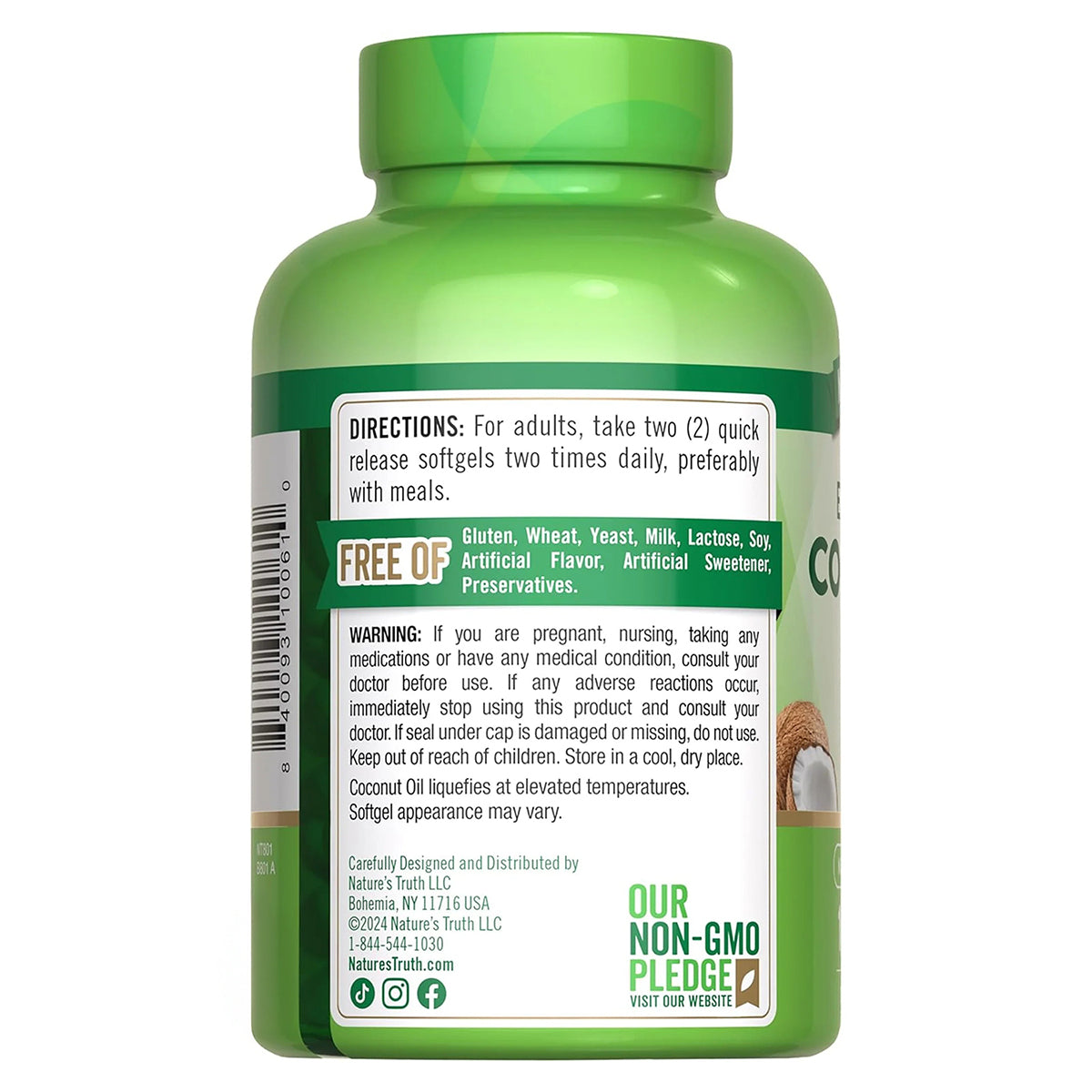 Nature's Truth Suplemento de Aceite de Coco Virgen Extra 2000 mg, 100 cápsulas para 1 mes