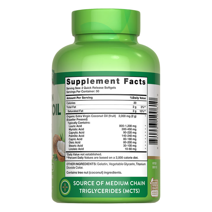Nature's Truth Suplemento de Aceite de Coco Extra-Virgen 2000 mg, 100 cápsulas