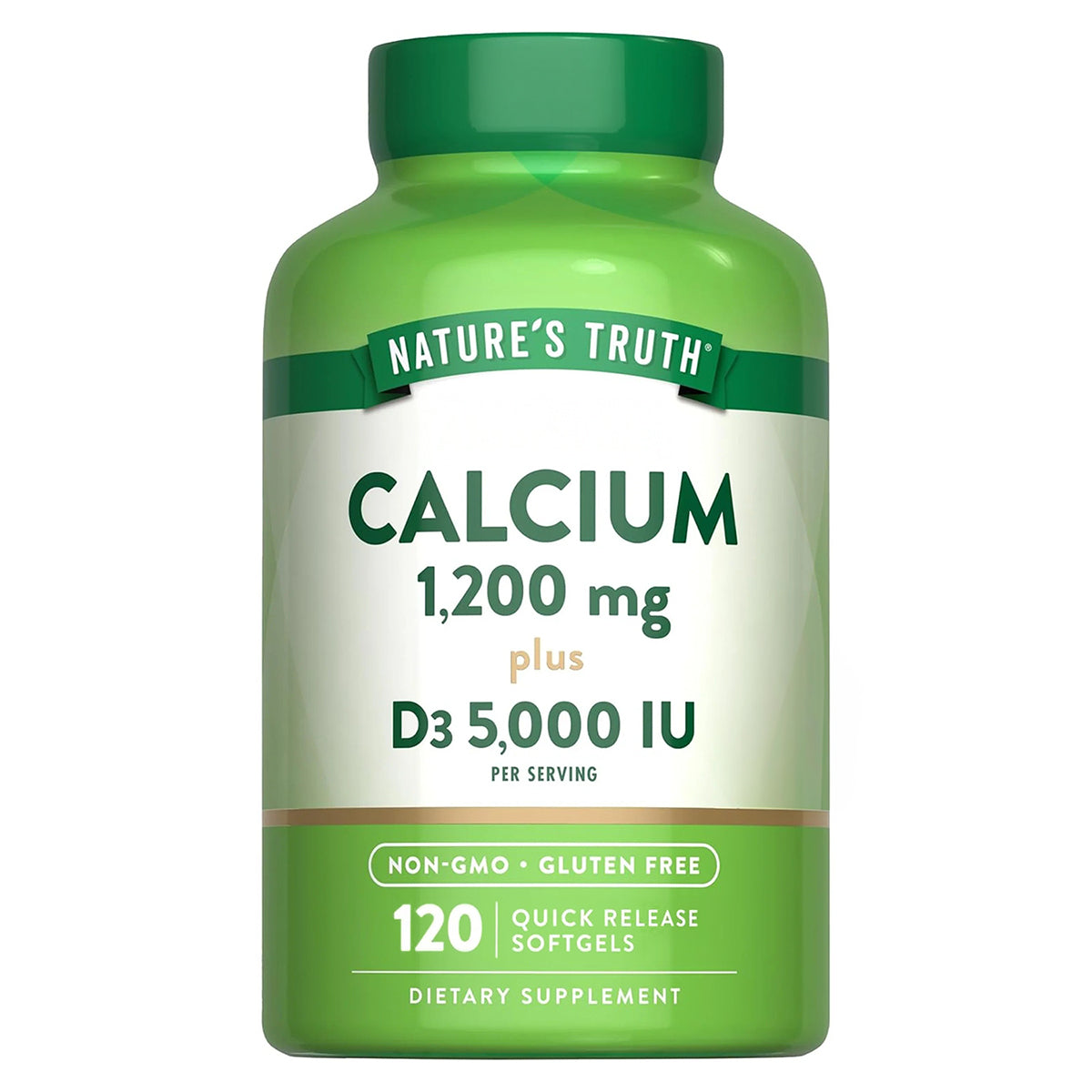 Nature's Truth Suplemento de Calcio y Vitamina D3, 125 mcg Vitamina D + 1200 mg Calcio, 120 cápsulas para 2 meses