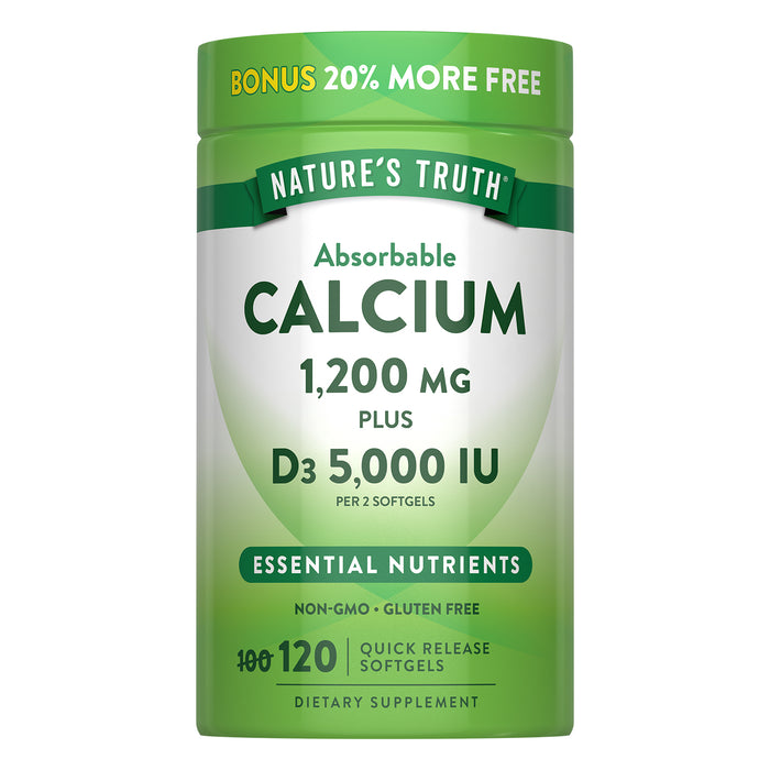 Nature's Truth Suplemento de Calcio y Vitamina D3, 125 mcg Vitamina D + 1200 mg Calcio, 120 cápsulas