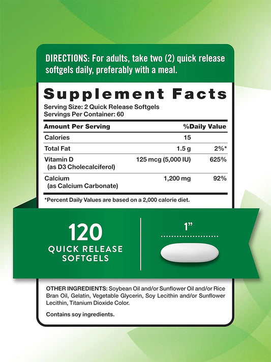 Nature's Truth Suplemento de Calcio y Vitamina D3, 125 mcg Vitamina D + 1200 mg Calcio, 120 cápsulas para 2 meses