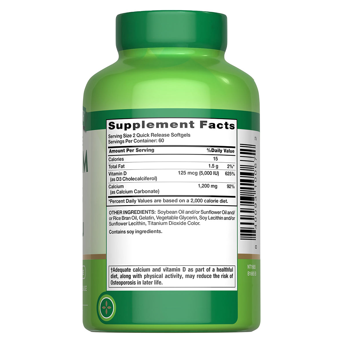 Nature's Truth Suplemento de Calcio y Vitamina D3, 125 mcg Vitamina D + 1200 mg Calcio, 120 cápsulas para 2 meses