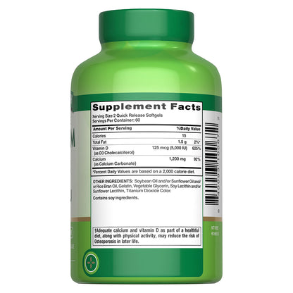 Nature's Truth Suplemento de Calcio y Vitamina D3, 125 mcg Vitamina D + 1200 mg Calcio, 120 cápsulas para 2 meses