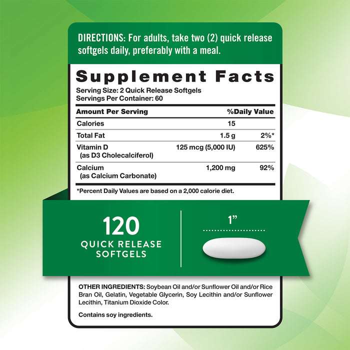 Nature's Truth Suplemento de Calcio y Vitamina D3, 125 mcg Vitamina D + 1200 mg Calcio, 120 cápsulas