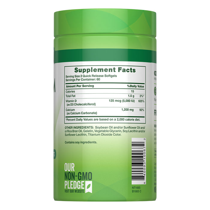 Nature's Truth Suplemento de Calcio y Vitamina D3, 125 mcg Vitamina D + 1200 mg Calcio, 120 cápsulas