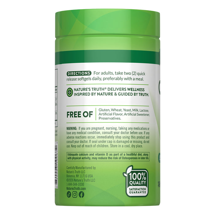 Nature's Truth Suplemento de Calcio y Vitamina D3, 125 mcg Vitamina D + 1200 mg Calcio, 120 cápsulas