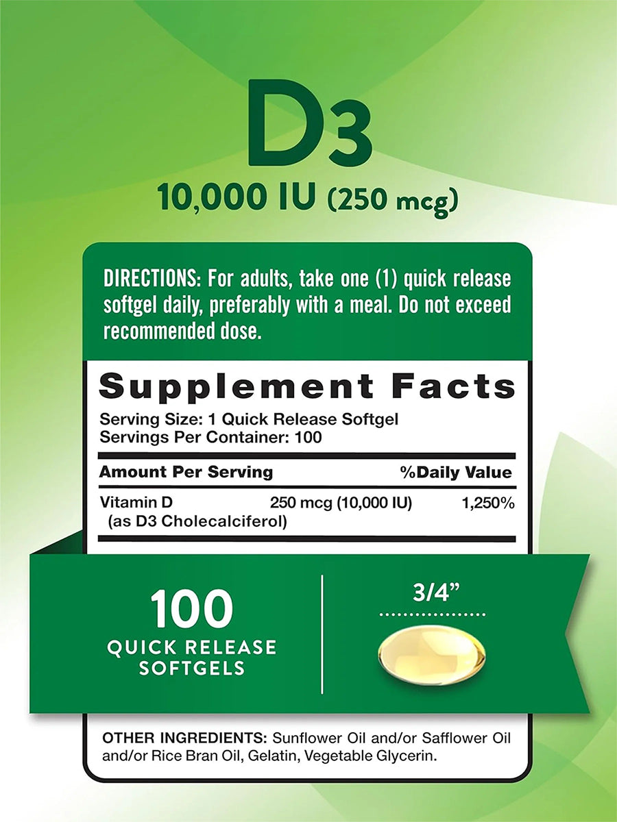 Nature's Truth Vitamina D3 10.000 UI, 100 cápsulas para 3 meses