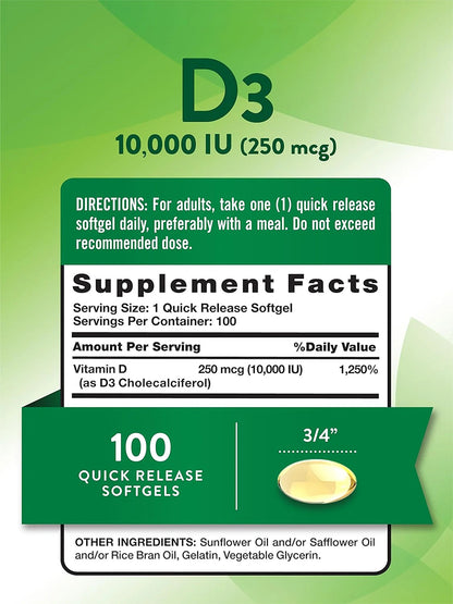 Nature's Truth Vitamina D3 10.000 UI, 100 cápsulas para 3 meses