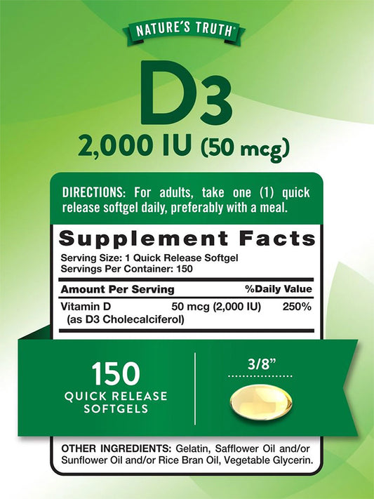 Nature's Truth Vitamina D3 2000 UI (50 mcg), 150 cápsulas para 4 meses