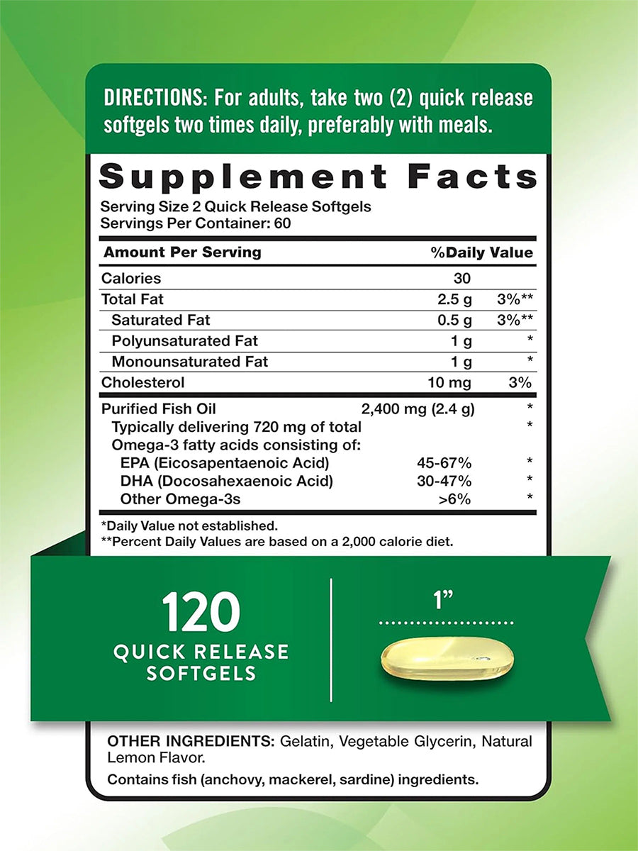 Nature's Truth Suplemento de Omega 3, 2400 mg de Omega, 120 cápsulas para 2 meses
