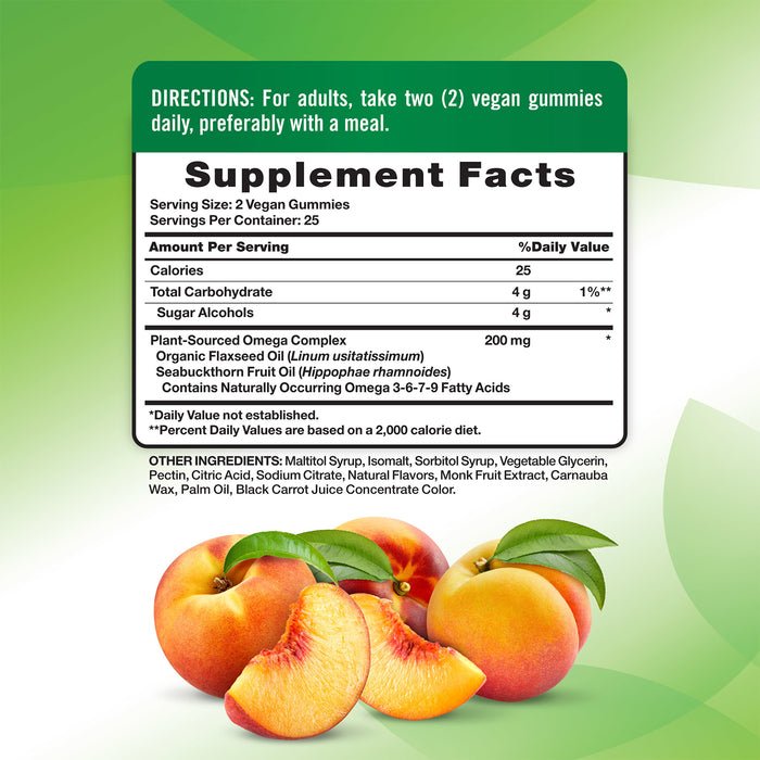 Nature's Truth Suplemento de Omega 3-6-7-9, Origen vegetal, 50 gomitas sabor durazno