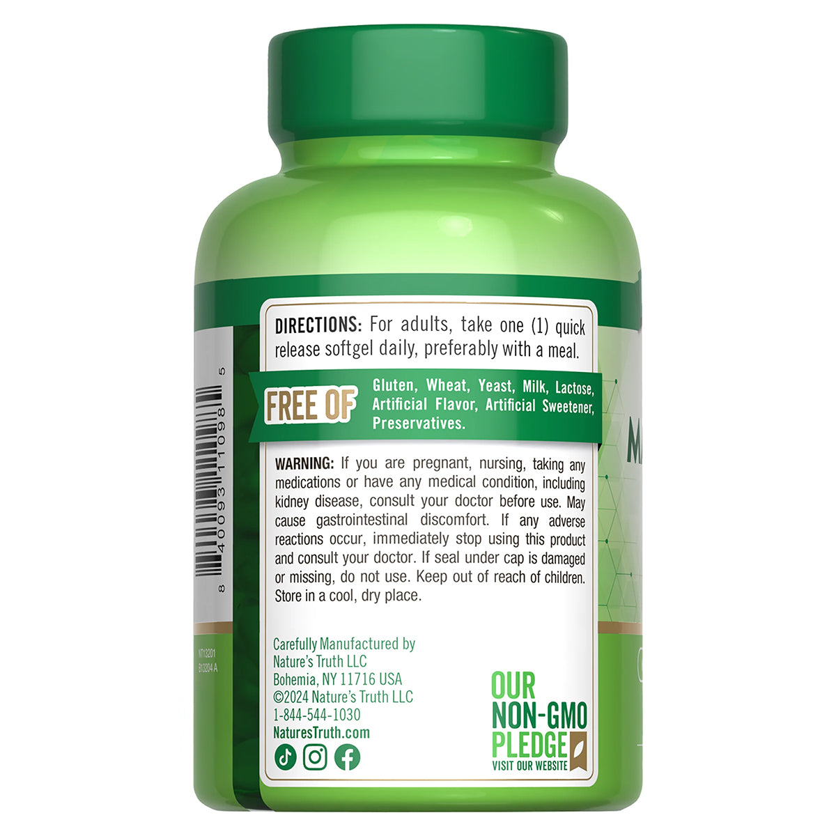 Nature's Truth Suplemento de Magnesio 400 mg, Fuerza extra, 72 cápsulas para 2 meses