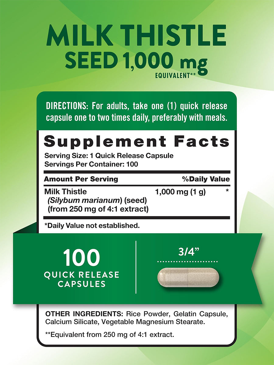 Nature's Truth Suplemento Extracto de semilla de cardo mariano 1000 mg, 100 cápsulas para 3 meses
