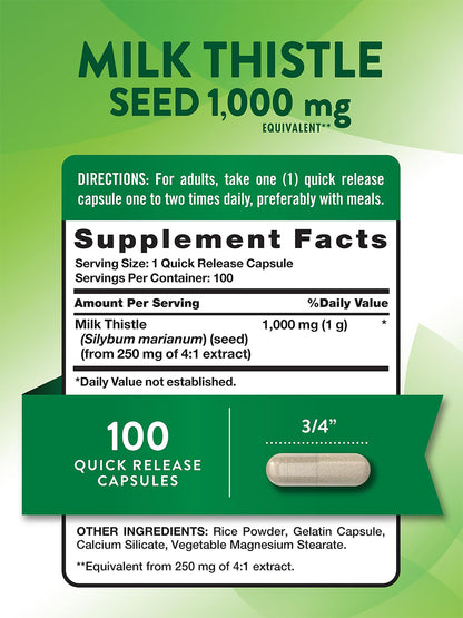 Nature's Truth Suplemento Extracto de semilla de cardo mariano 1000 mg, 100 cápsulas para 3 meses