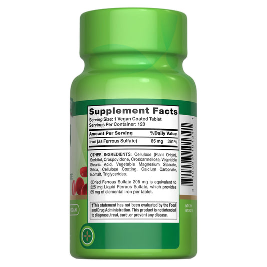 Nature's Truth Suplemento de Hierro 65 mg - Sulfato ferroso, 120 tabletas para 4 meses