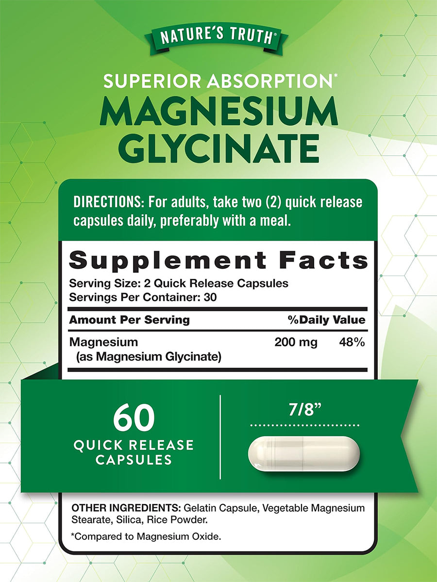 Nature's Truth Suplemento Glicinato de Magnesio 200 mg, 60 cápsulas para 1 mes