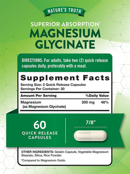 Nature's Truth Suplemento Glicinato de Magnesio 200 mg, 60 cápsulas para 1 mes