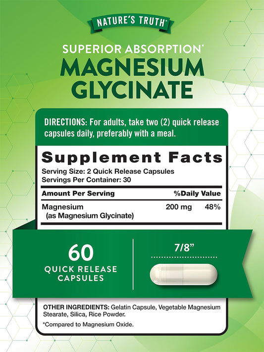 Nature's Truth Suplemento Glicinato de Magnesio 200 mg, 60 cápsulas para 1 mes