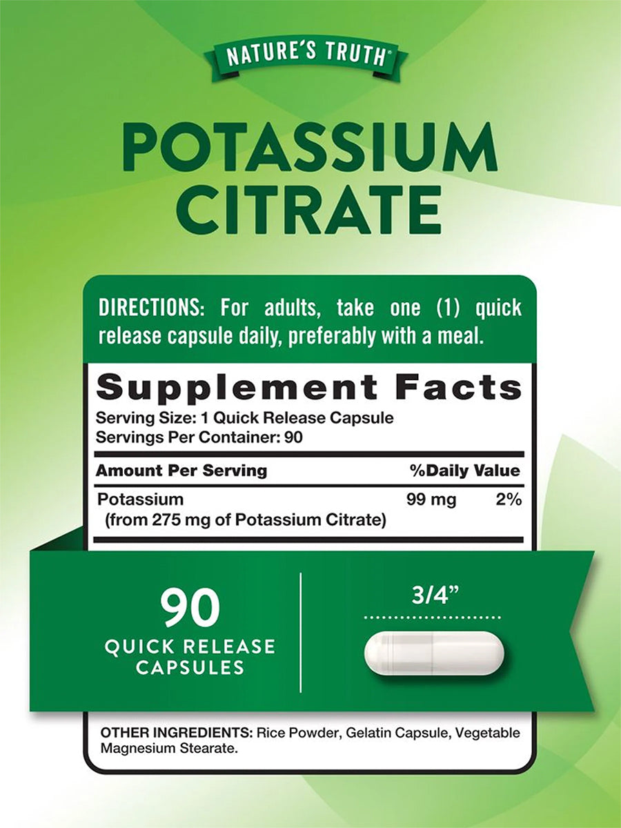 Nature's Truth Suplemento Citrato de Potasio 275 mg, 90 cápsulas para 3 meses