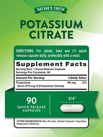 Nature's Truth Suplemento Citrato de Potasio 275 mg, 90 cápsulas para 3 meses